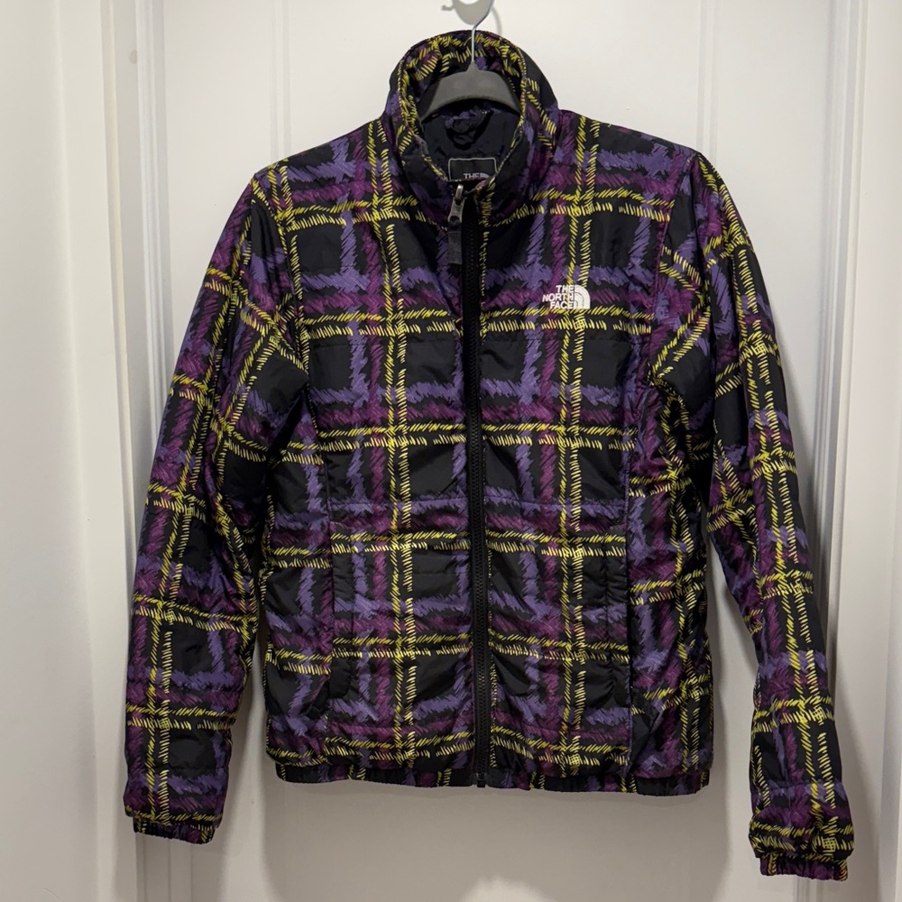 The North Face Black Jacket with Purple and Yellow Plaid puffer